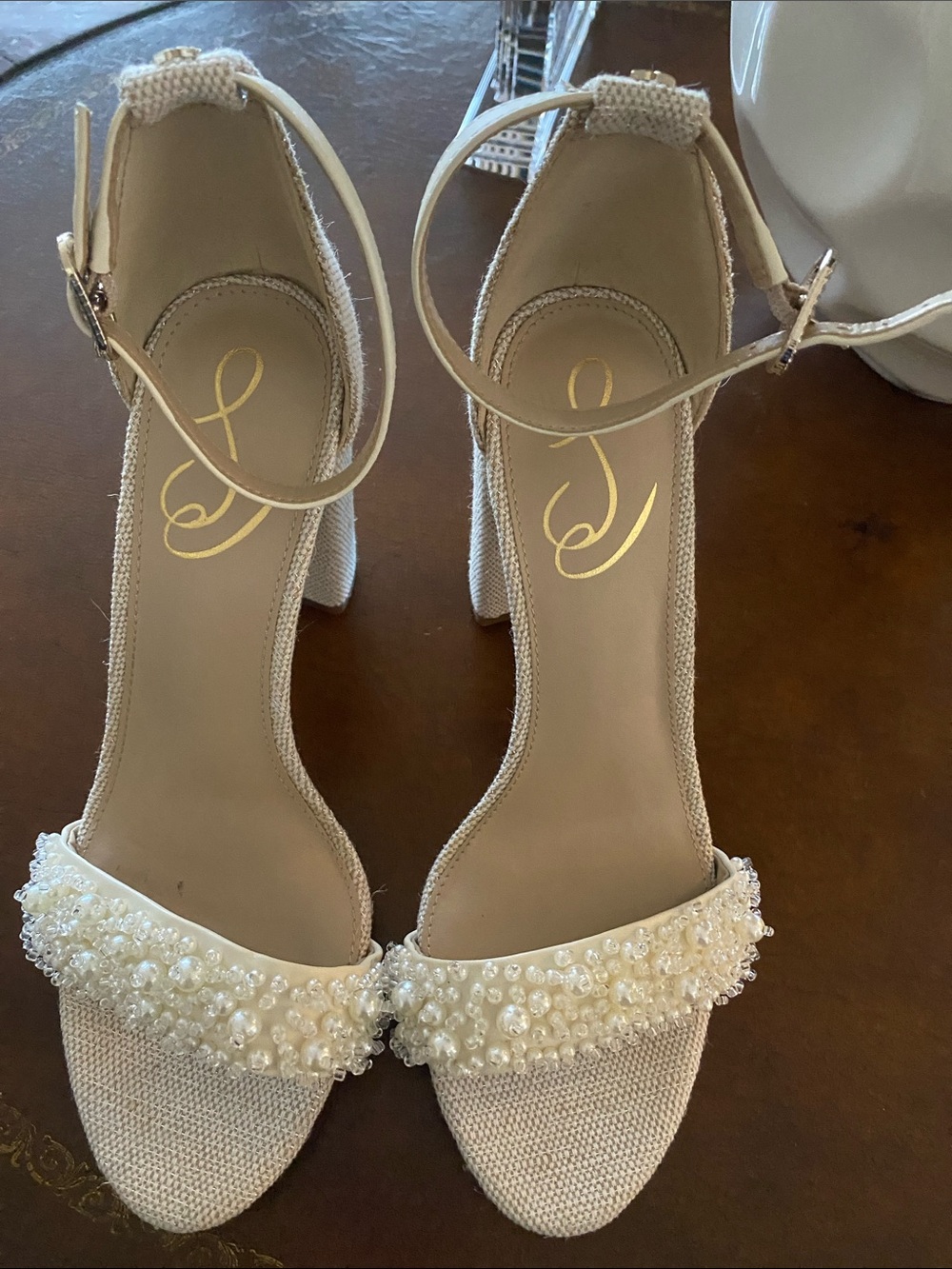 Sam Edelman Pearl-Trim Ivory Ankle-Strap Block Heels